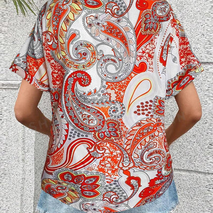 Printed V-Neck Short Sleeve Blouse