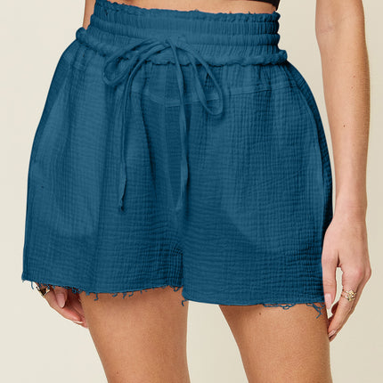 Double Take Full Size Texture Raw Trim Drawstring Shorts