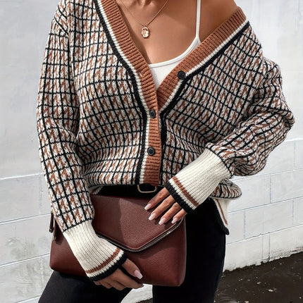 Plaid V-Neck Button Up Cardigan