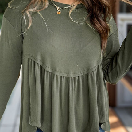 Plus Size Peplum Round Neck Long Sleeve Blouse