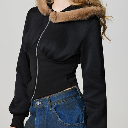 Zip Up Long Sleeve Fuzzy Hem Hooded Jacket