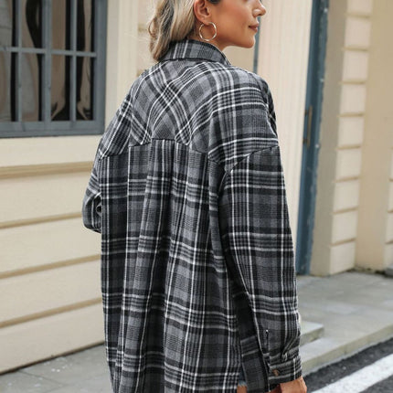 Pocketed Plaid Collared Neck Long Sleeve Shirt