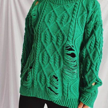 Distressed Cable-Knit Round Neck Long Sleeve Sweater