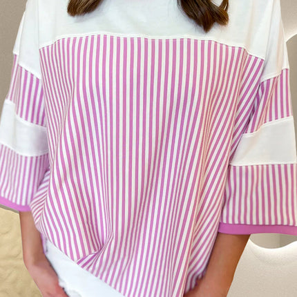 Striped Round Neck Three-Quarter Sleeve T-Shirt