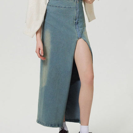 Slit Denim Skirt with Zip