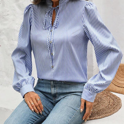 Striped Tie Neck Long Sleeve Blouse