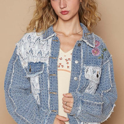 POL Crochet Patch Embroidered Button Up Jacket