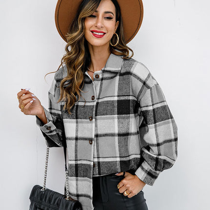 Shiny Plaid Button Up Collared Neck Jacket