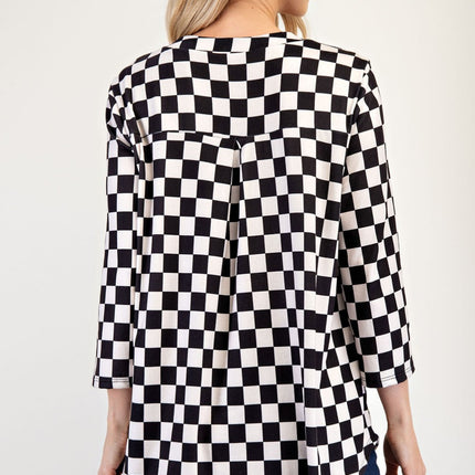 Celeste Full Size Curved Hem Checkered Notched Blouse