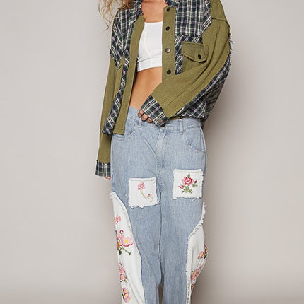 POL Plaid Button Down Shirt with Chest Pockets