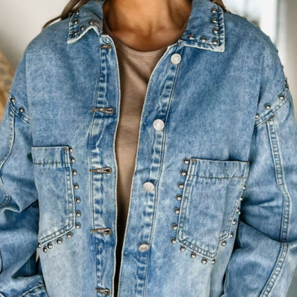 Studded Acid Wash Long Sleeve Denim Jacket