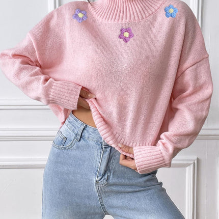 Flower Turtleneck Long Sleeve Sweater