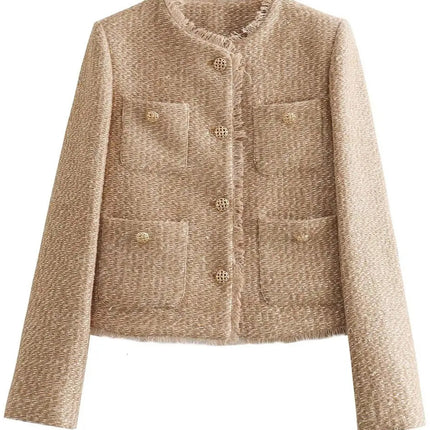 Raw Hem Pocketed Round Neck Jacket - Vickie Lynn's