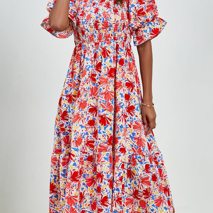 Smocked Floral Square Neck Short Sleeve Dress