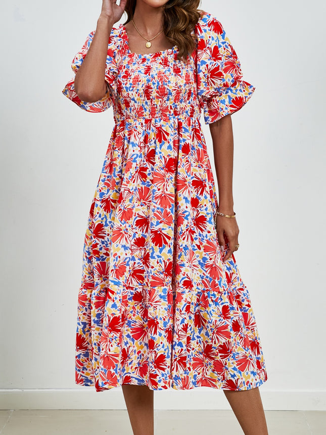 Smocked Floral Square Neck Short Sleeve Dress