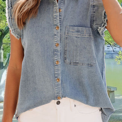 Raw Hem Button Up Cap Sleeve Denim Top