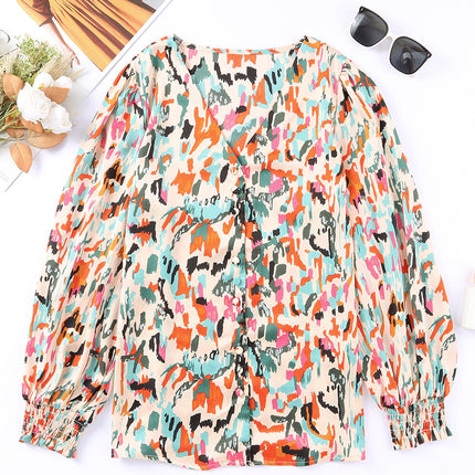 Double Take Multicolored V-Neck Lantern Sleeve Shirt