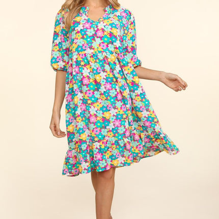Haptics Bubble Sleeve Floral Ruffled Dress