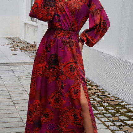 Split Printed Surplice Long Sleeve Midi Dress