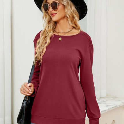Ruched Shoulder Round Neck Long Sleeve Sweatshirt