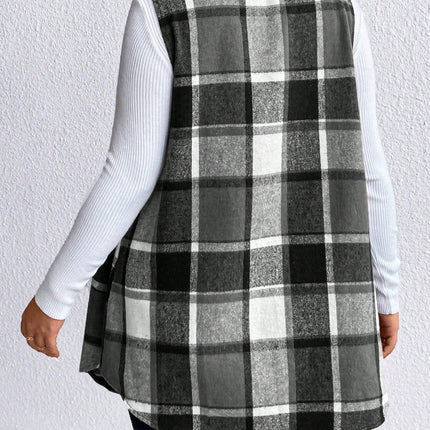 Honey Plus Size Pocketed Plaid Button Up Vest Coat - Vickie Lynn's