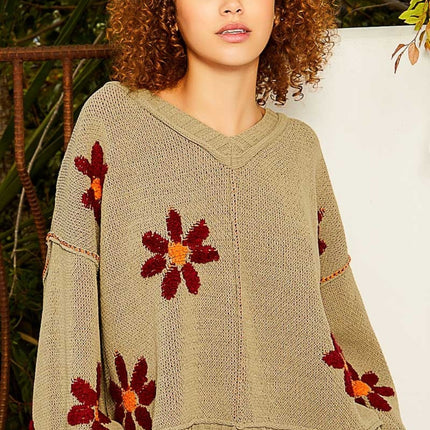 POL V-Neck Floral Pattern Chenille Sweater