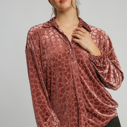 Umgee Animal Print Button Up Velvet Shirt