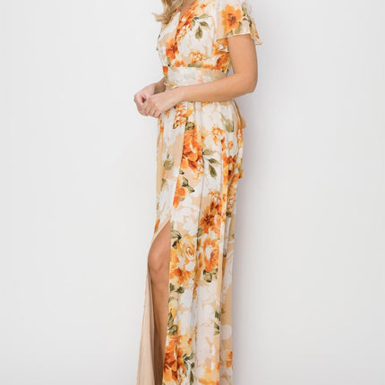 HYFVE Floral Tie Back Short Sleeve Slit Maxi Dress