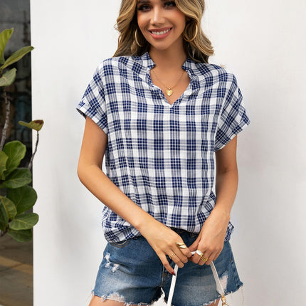 Plaid Notched Short Sleeve Blouse