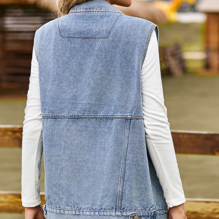 Sleeveless Collared Neck Denim Top with Pockets