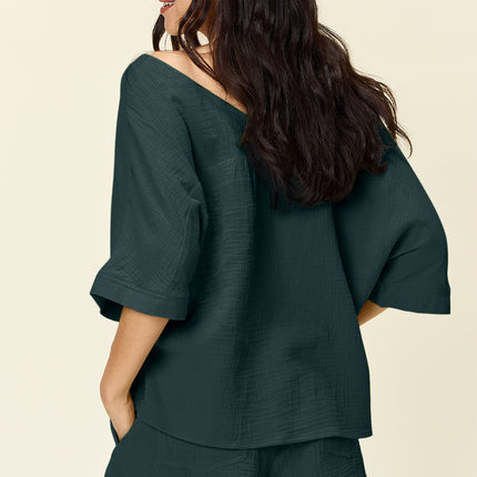 Double Take Texture Half Sleeve T-Shirt and Drawstring Shorts Set - Vickie Lynn's