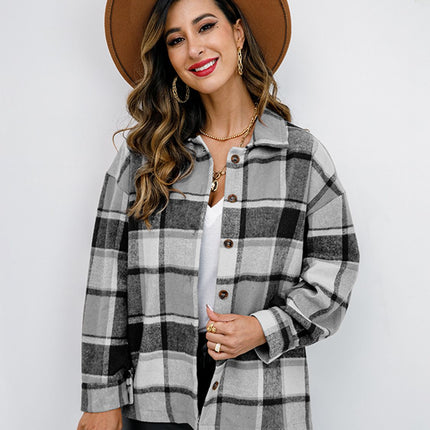 Shiny Plaid Button Up Collared Neck Jacket