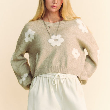 Davi & Dani Floral Drop Shoulder Cropped Sweater