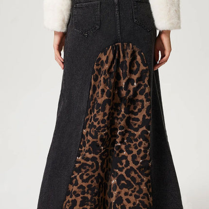 Slit Leopard Midi Denim Skirt