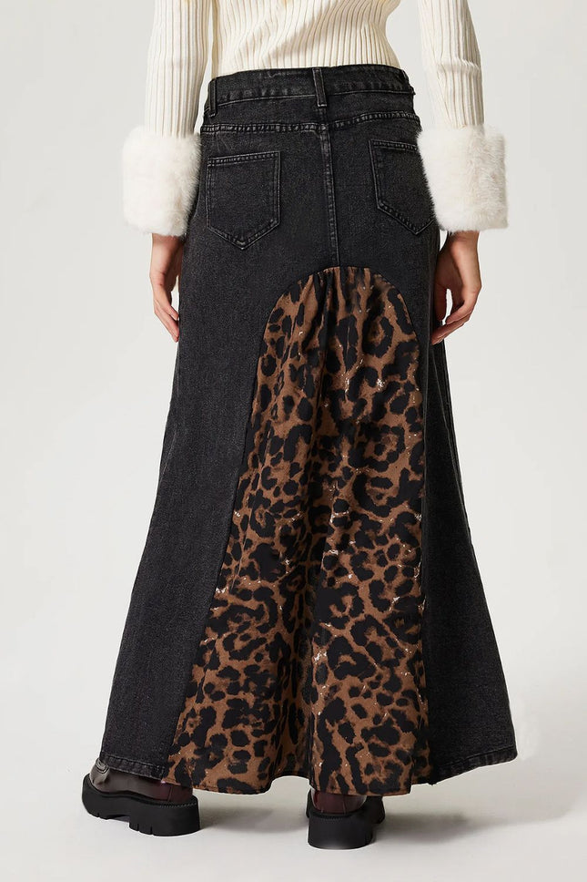 Slit Leopard Midi Denim Skirt