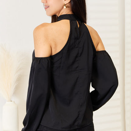 Double Take Grecian Cold Shoulder Long Sleeve Blouse