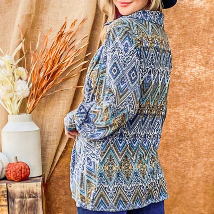 And The Why Print Twist Knot Long Sleeve Blouse