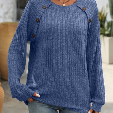 Decor Button Long Sleeve Ribbed T-Shirt