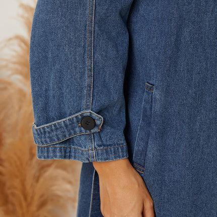 Double-Breasted Belted Longline Denim Jacket