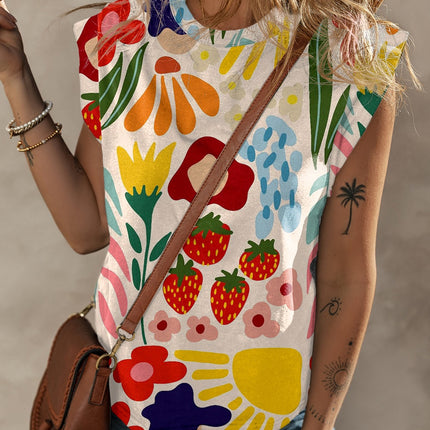 Printed Round Neck Cap Sleeve T-Shirt