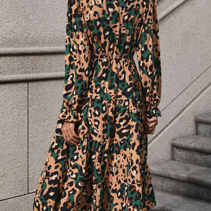 Leopard Notched Flounce Sleeve Midi Dress