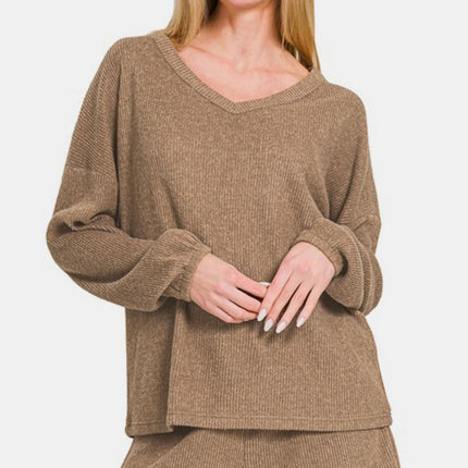 Zenana V-Neck Long Sleeve Ribbed Top and Shorts Set