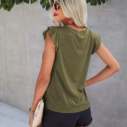 Ruffled Round Neck Cap Sleeve T-Shirt