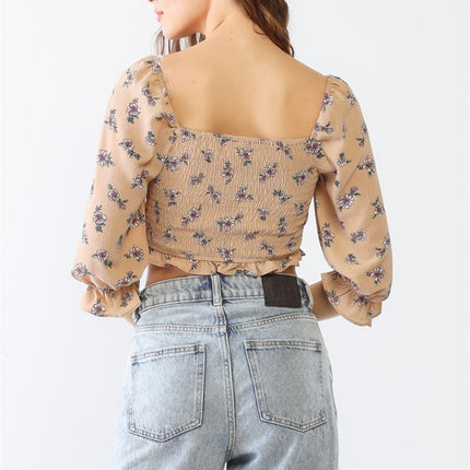 Tasha Apparel Floral Ruffle Smocked Back Ruched Crop Top