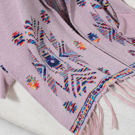 Fringe Geometric Open Front Long Sleeve Cape