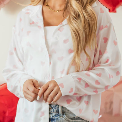 Heart Print Collared Neck Long Sleeve Shirt