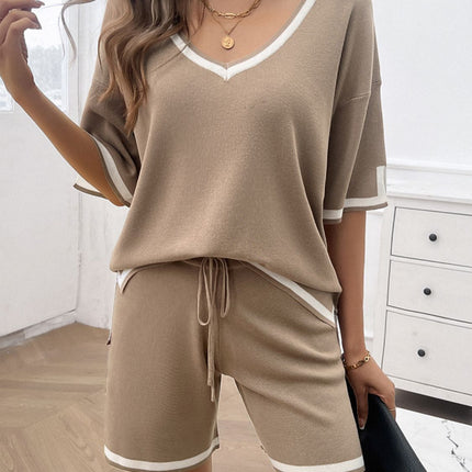 Contrast Trim V-Neck Top and Shorts Set