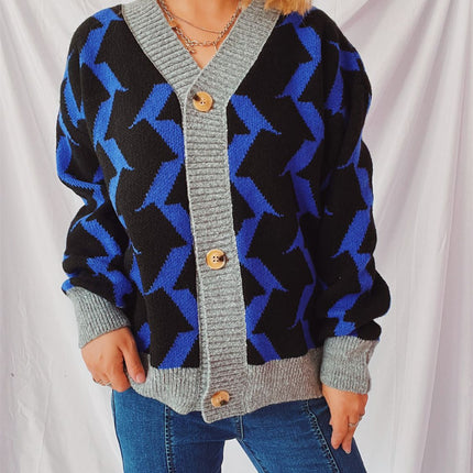 Contrast Trim Geometric V-Neck Long Sleeve Cardigan