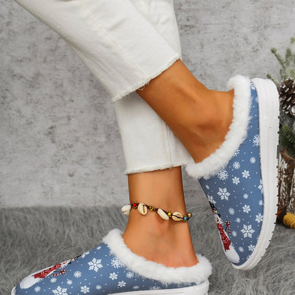 Snowman Print Flat Slippers with Faux Fur