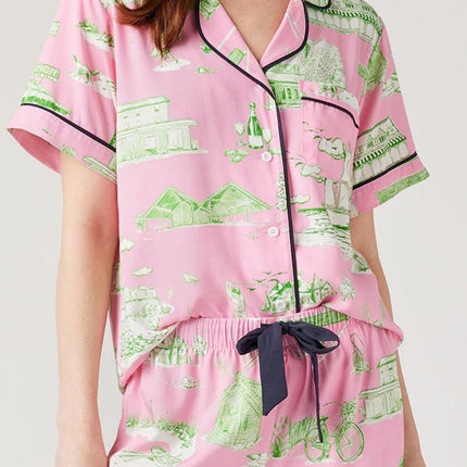 Collared Neck Printed Top and Drawstring Shorts Lounge Set